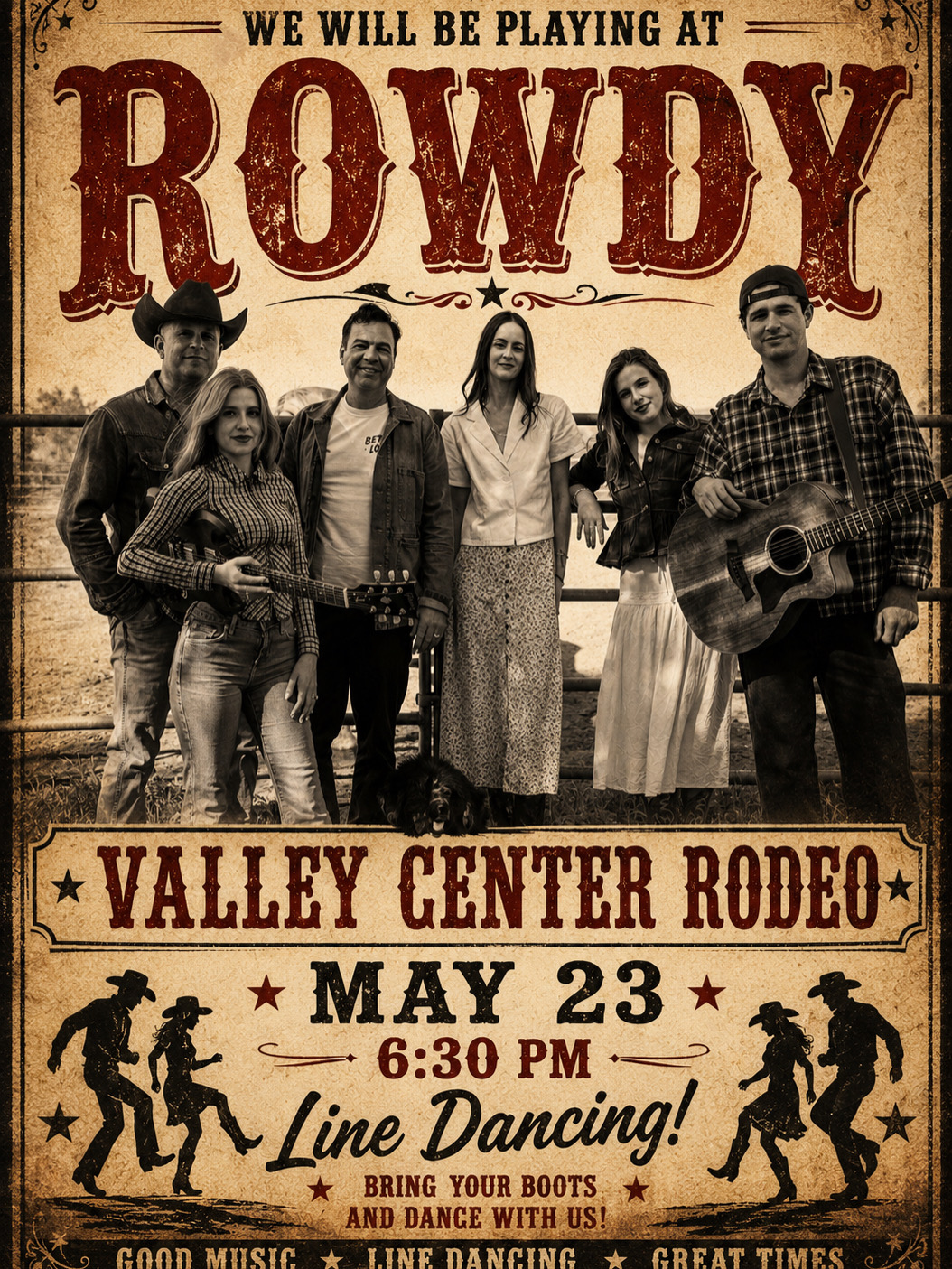 Rowdy Band show poster for a live performance at the Valley Center Rodeo